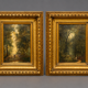 Paire de peintures "Paysage forestier" sur panneau de bois.