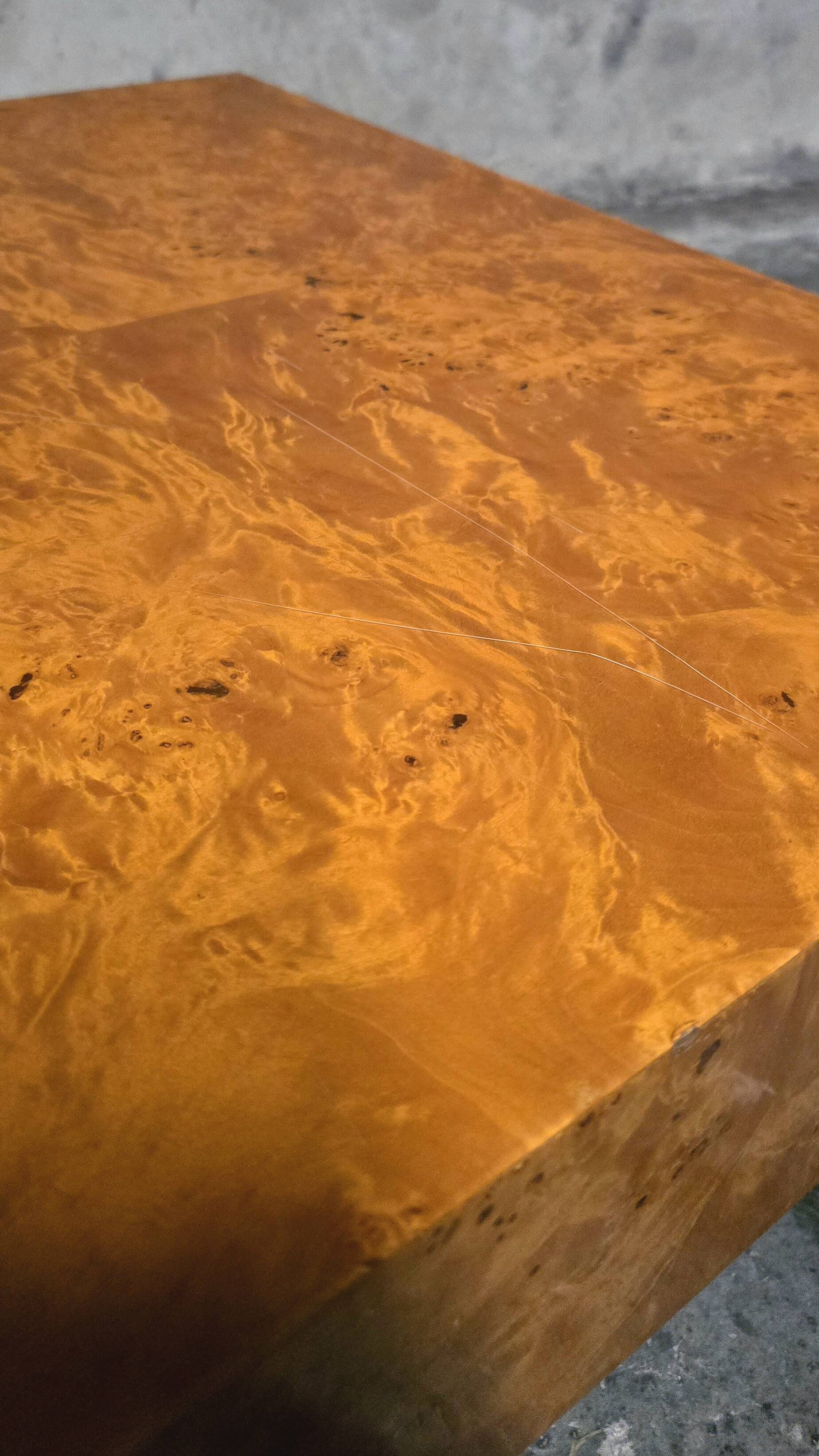 Jean-Claude Mahey coffee table for Roche Bobois, elm burl veneer, has