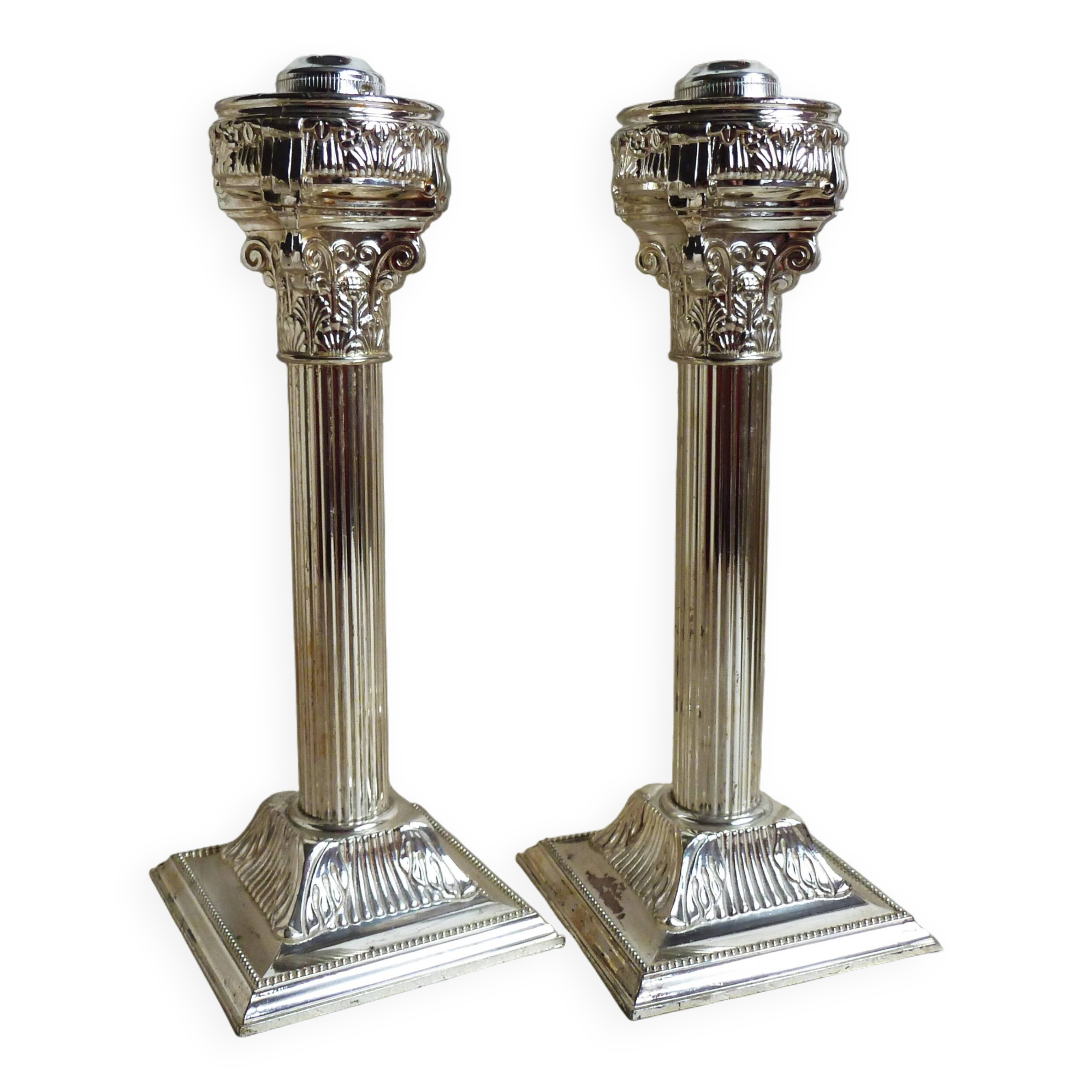 Set of 2 silver metal candle holders, silver metal candle holders