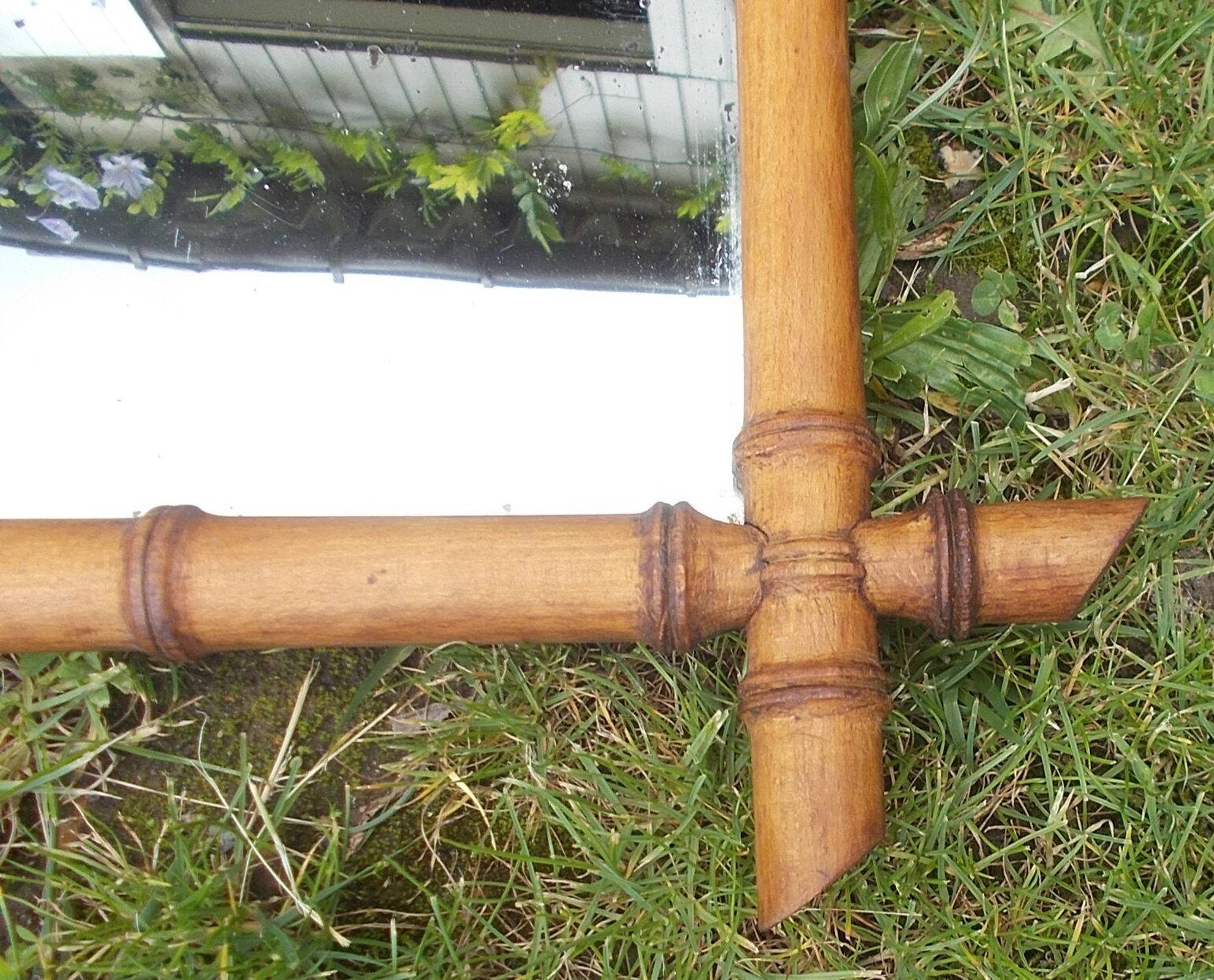 Old turned wood mirror, bamboo imitation.