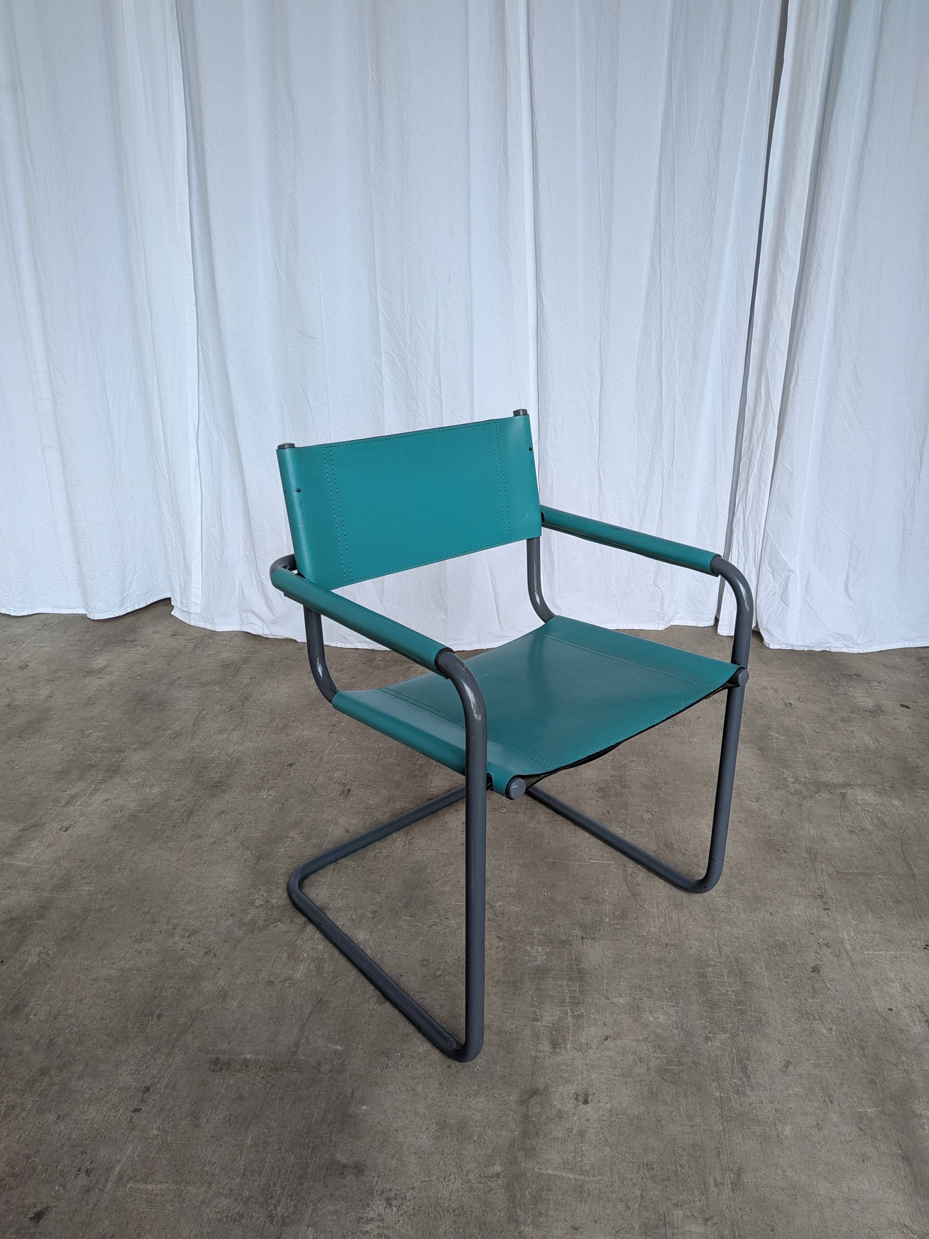 Vintage Mart Stam Style Armchair: Turquoise Leather, Black Chrome Cantileve