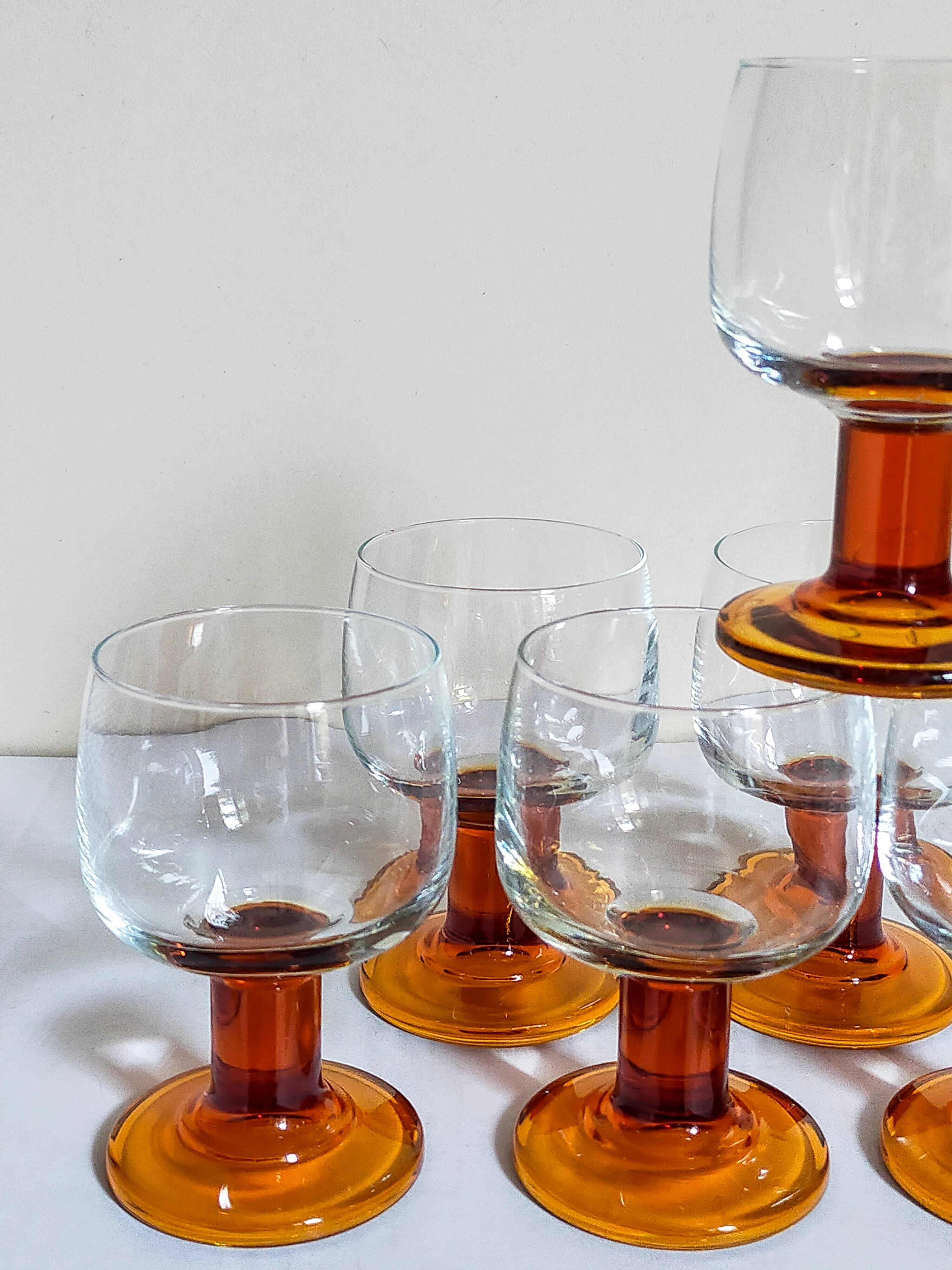 Six amber stemmed glasses from the 70s