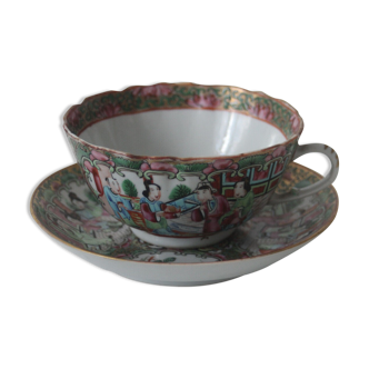 Tasse à thé en porcelaine de Chine de Canton du XIXe verte et dorée