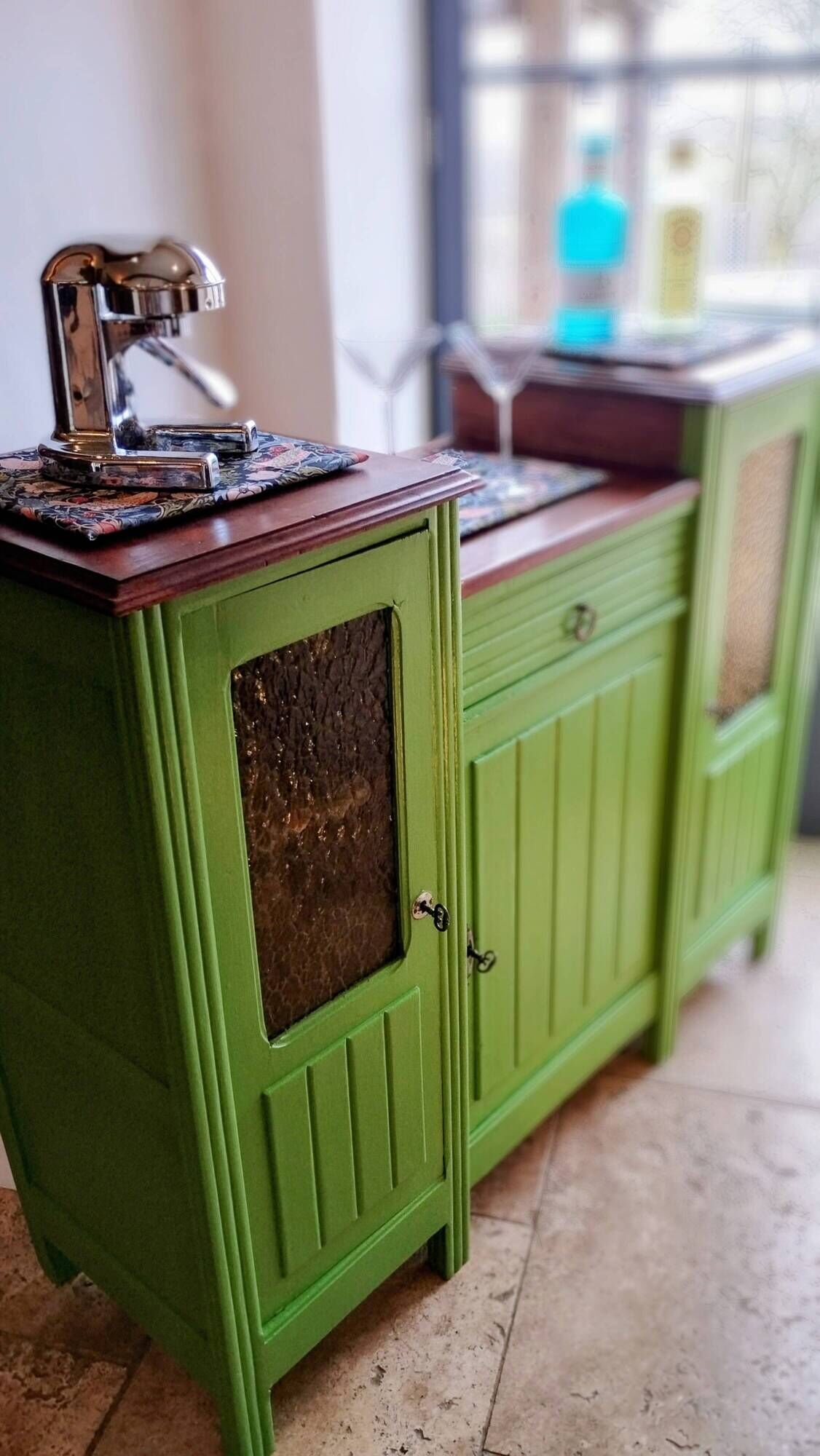 Art Deco Gin Buffet, painted in Farrow and Ball with a William Morris-inspired interior