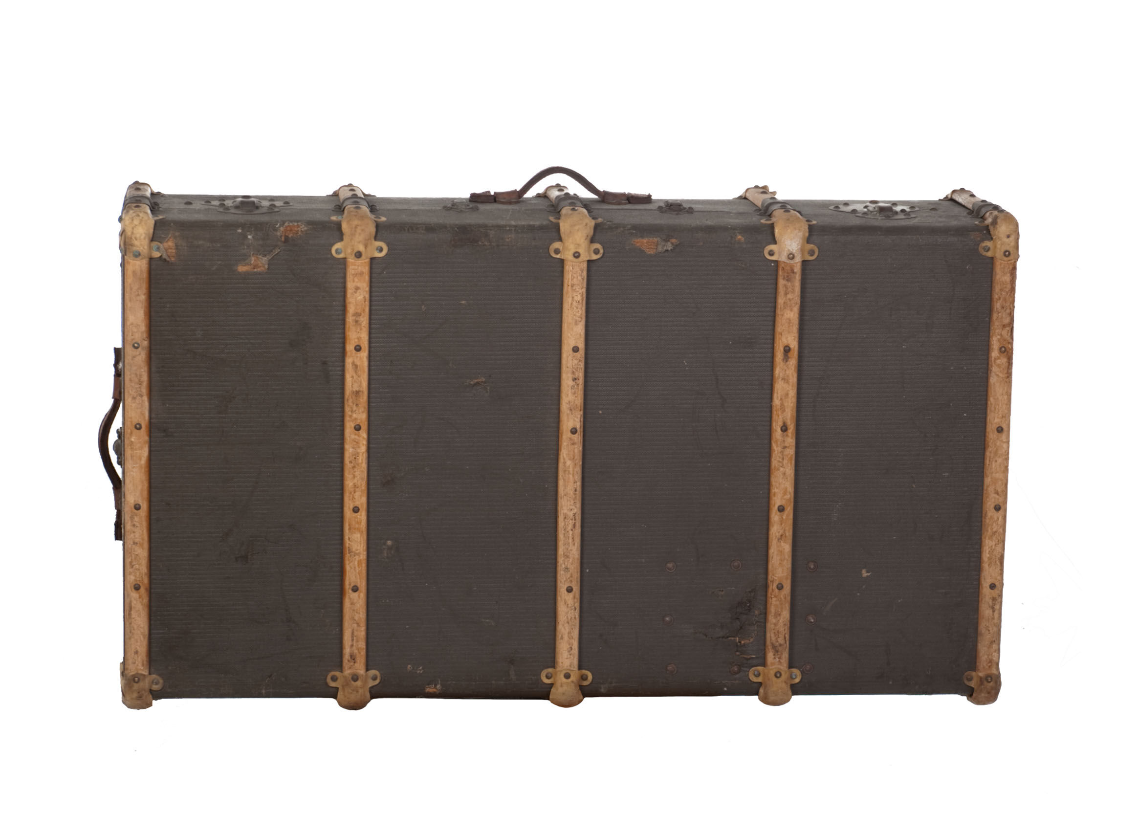 Trunk with wood, brass lock, khaki green coated canvas, circa 1930