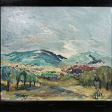 Oil painting by Alexander Michael depicting a mountain landscape, 1969.