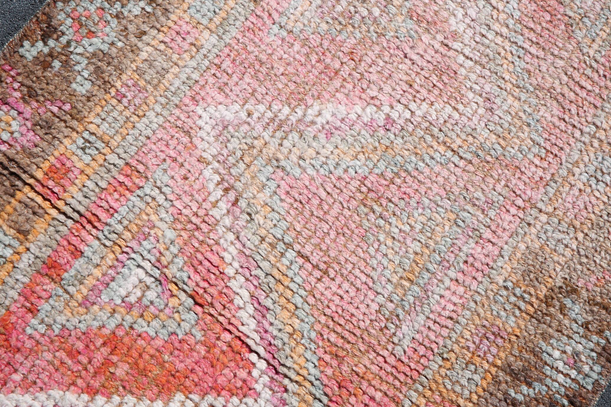 Colorful Vintage Runner Rug, Soft Pink Handmade Hallway Carpet, 82x334 Cm