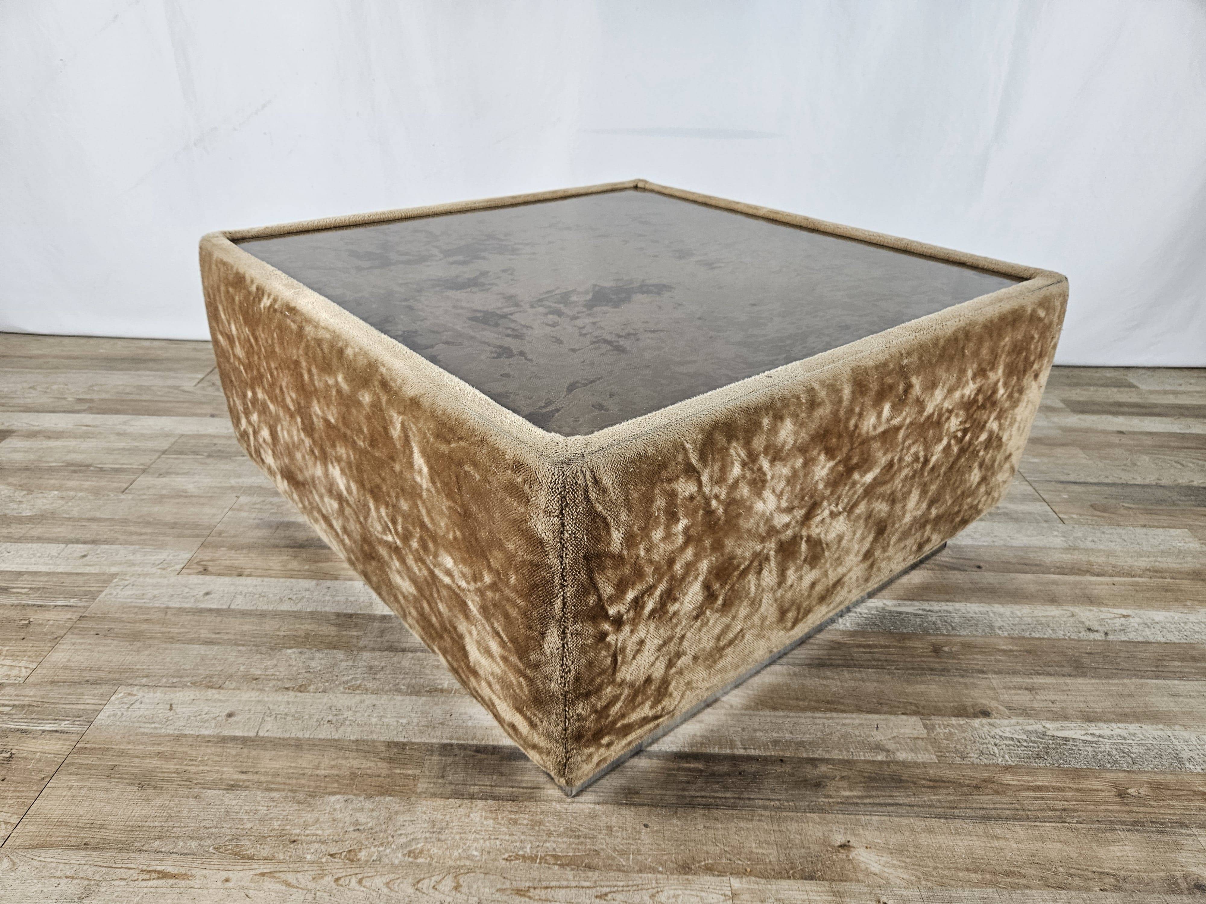 1970s coffee table covered in fabric with glass top