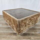 1970s coffee table covered in fabric with glass top