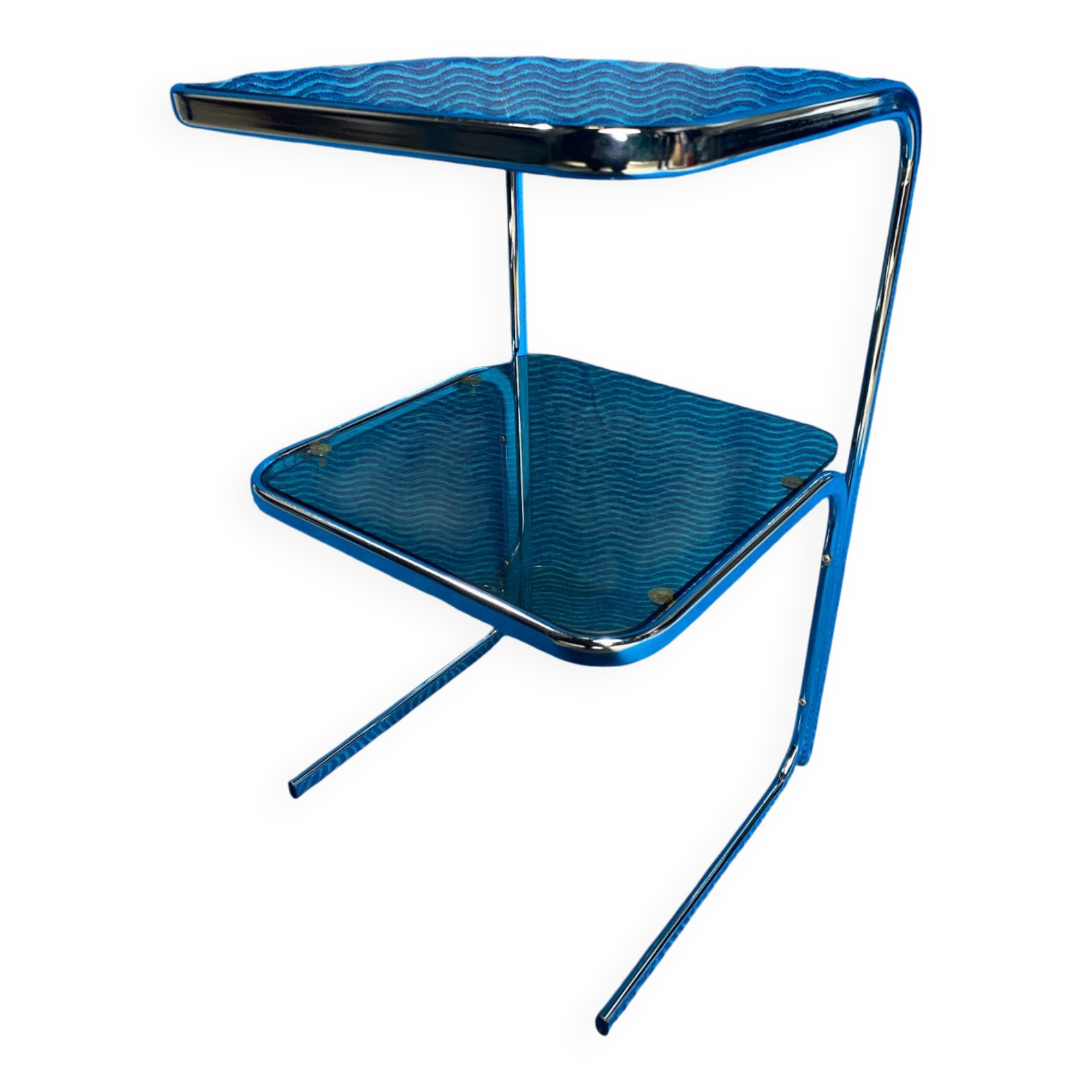 Vintage 1970s coffee table square chrome base u-shaped oval profile