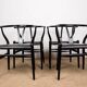 4 Danish chairs, black lacquered wood and leather, Wishbone model, Hans Wegner