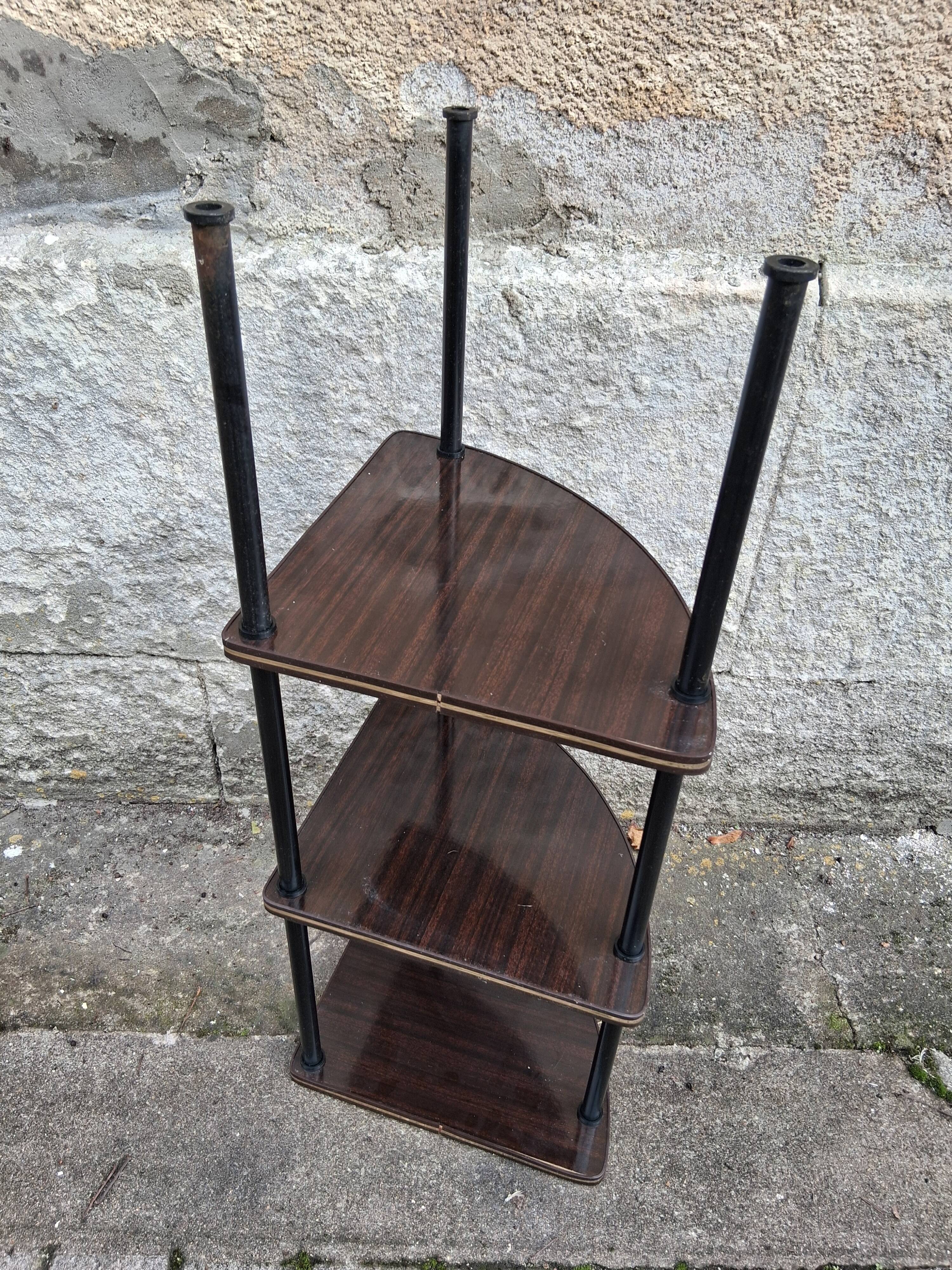 Corner unit with 3 shelves in brown Formica and black metal frame