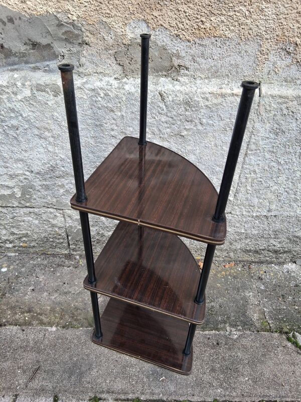 Meuble d'angle à 3 étagères en formica marron et structure métallique noire