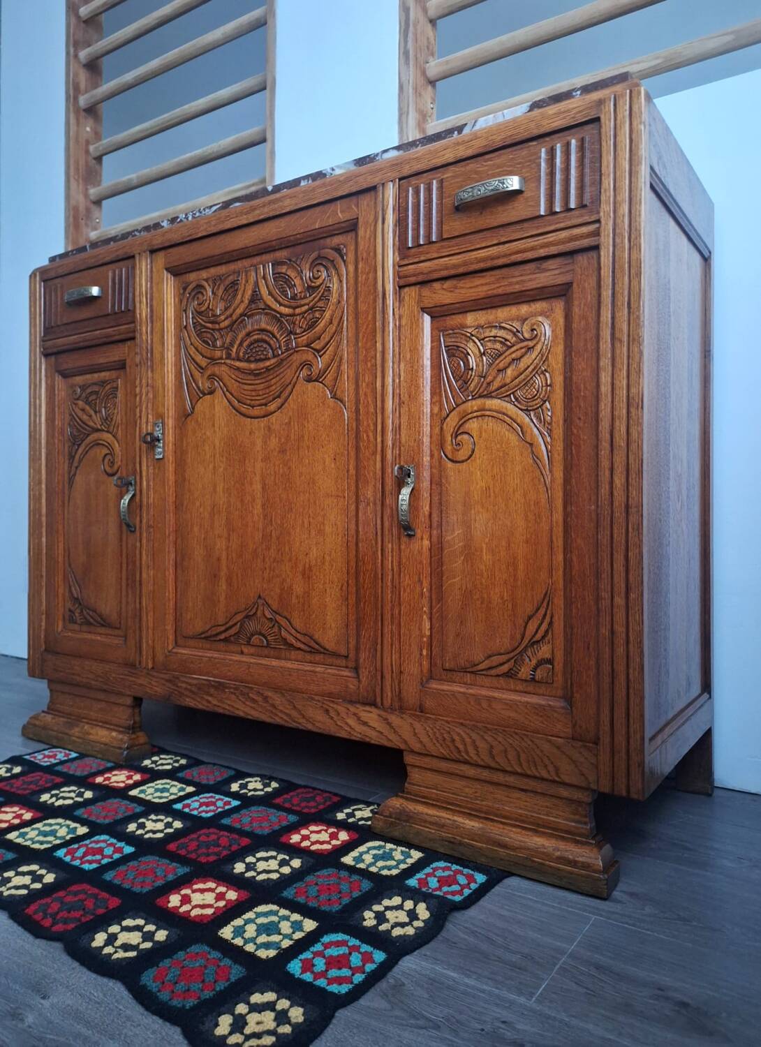 Buffet art déco plateau marbre, meuble vaisselier ancien