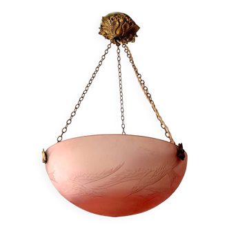 Lampe signée legras, vasque en pâte de verre hirondelles gravées avec sa monture en bronze