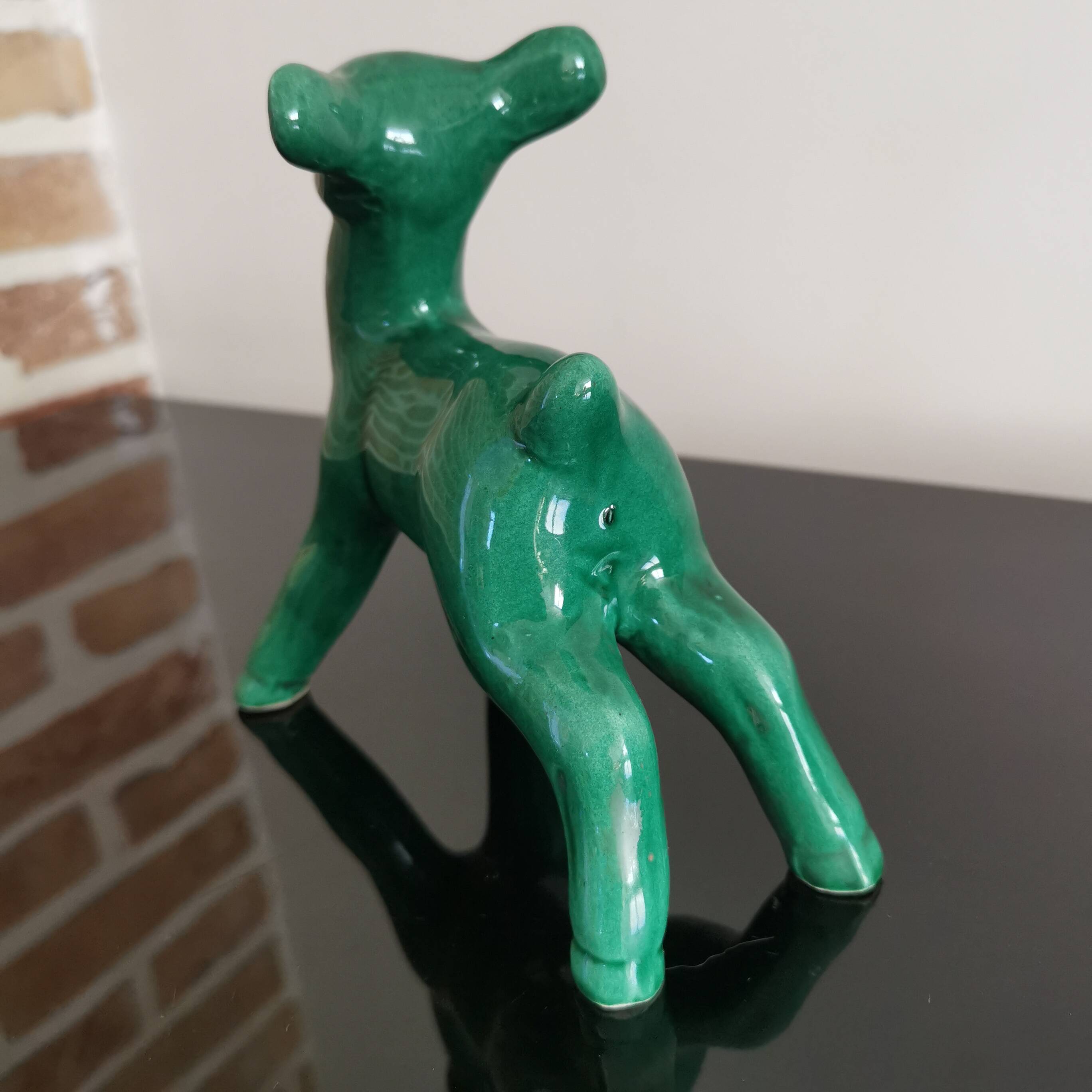 Vintage art deco green earthenware doe from the 60s