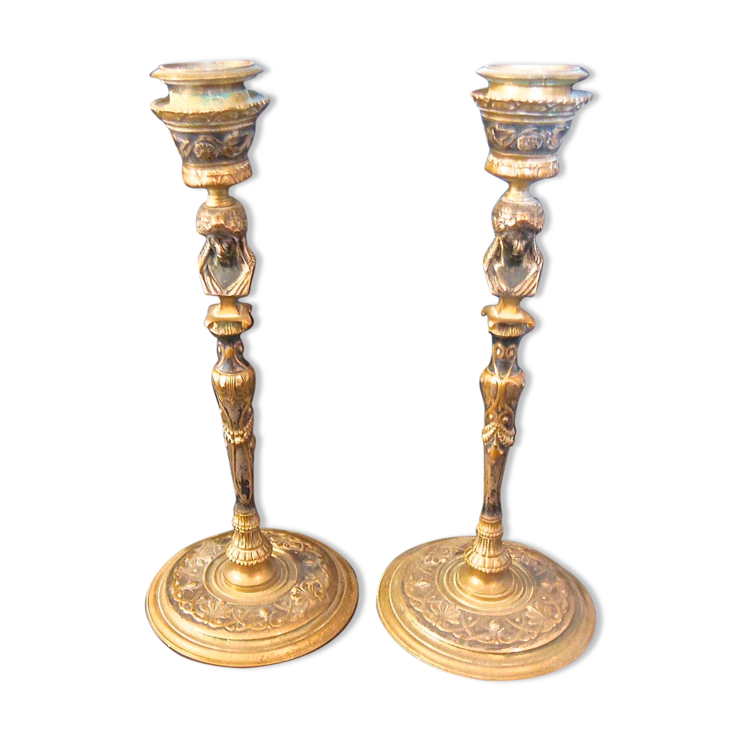 Pair of candlesticks old decor medallion a l antique signed F.Barbedienne