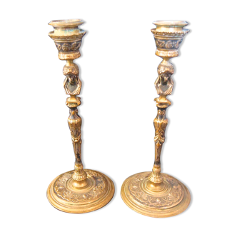 Pair of candlesticks old decor medallion a l antique signed F.Barbedienne