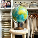 World map, globe with wooden base