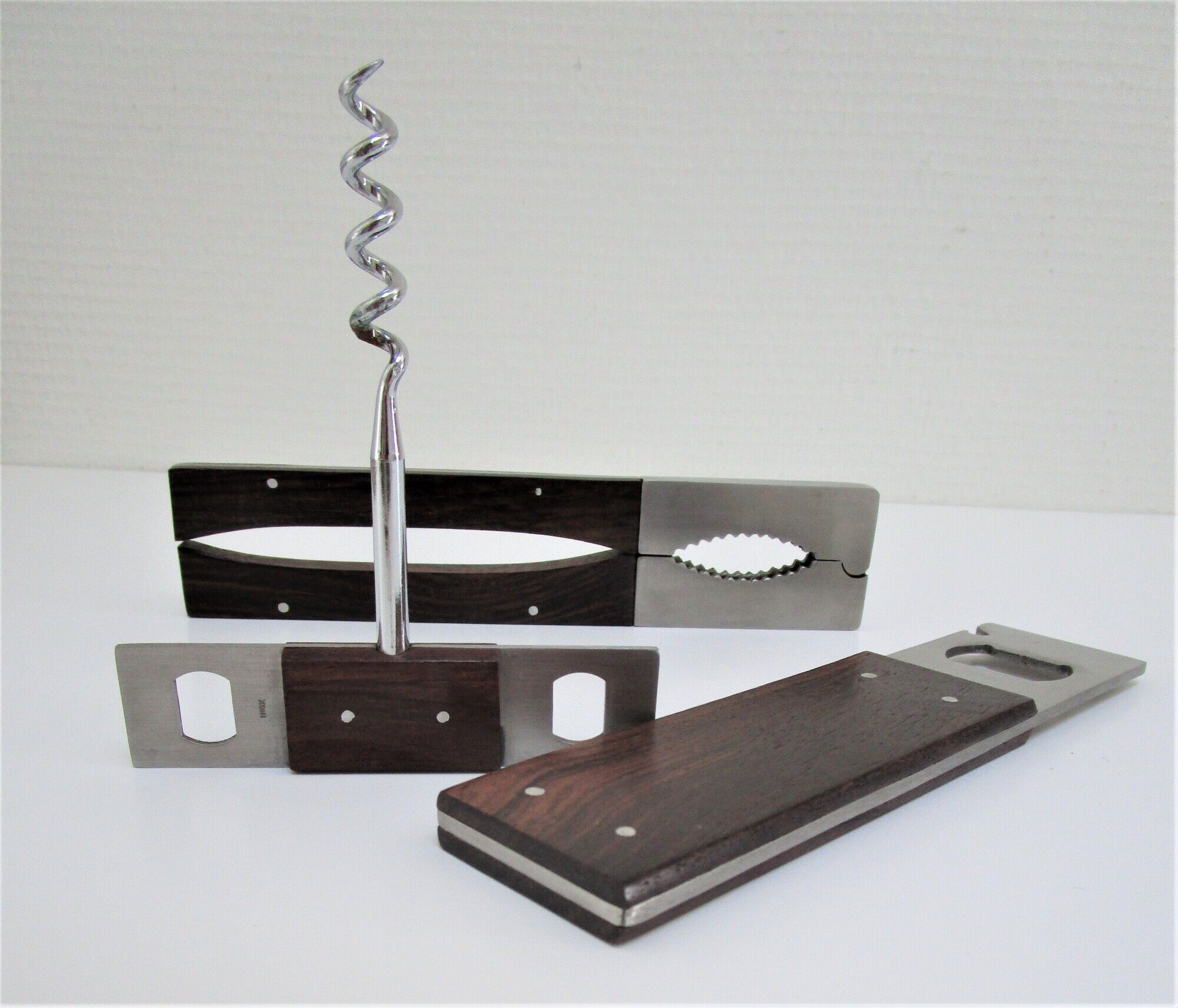 set rosewood stainless steel nutcracker corkscrew bottle opener design 70s Letang Remy