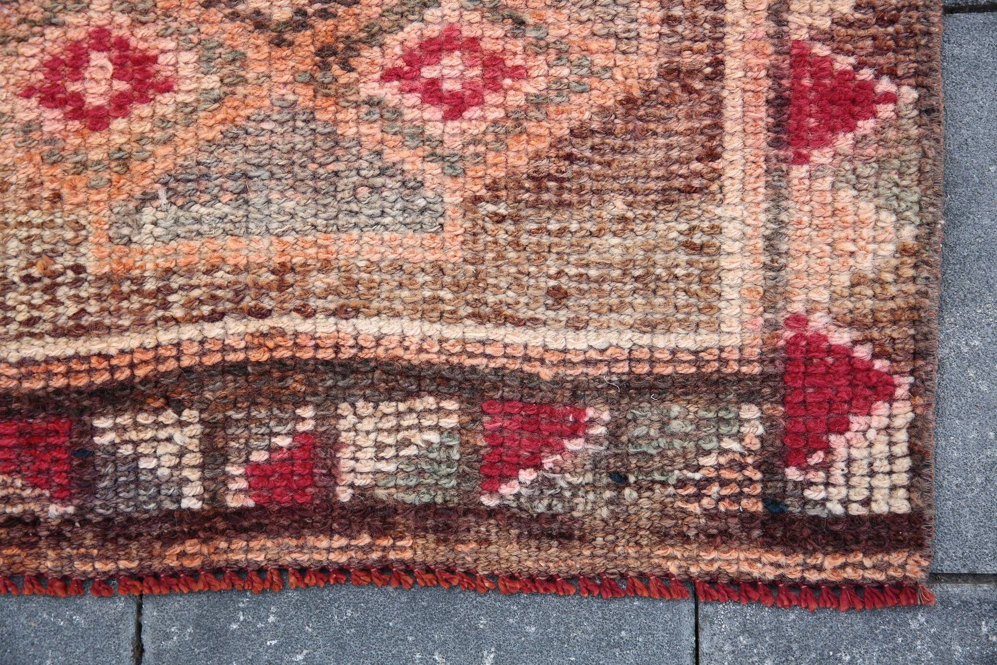 Tapis Couloir Tribal Vintage Rouge, Tapis Turc Géométrique, 75x313 Cm