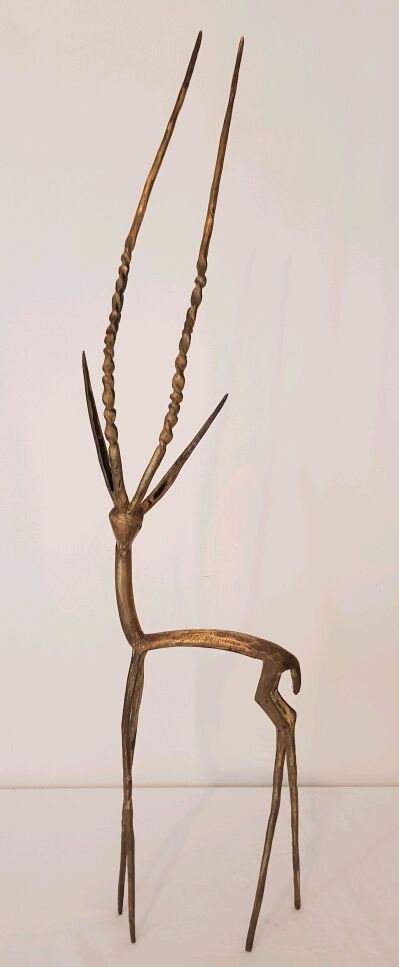 Trio antelope, gazelle and giraffe bronze and brass