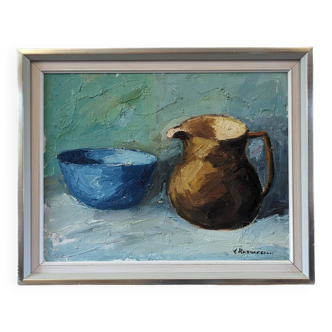 Peinture à l'huile de nature morte vintage suédoise moderne du milieu du siècle « The Blue Bowl », encadrée