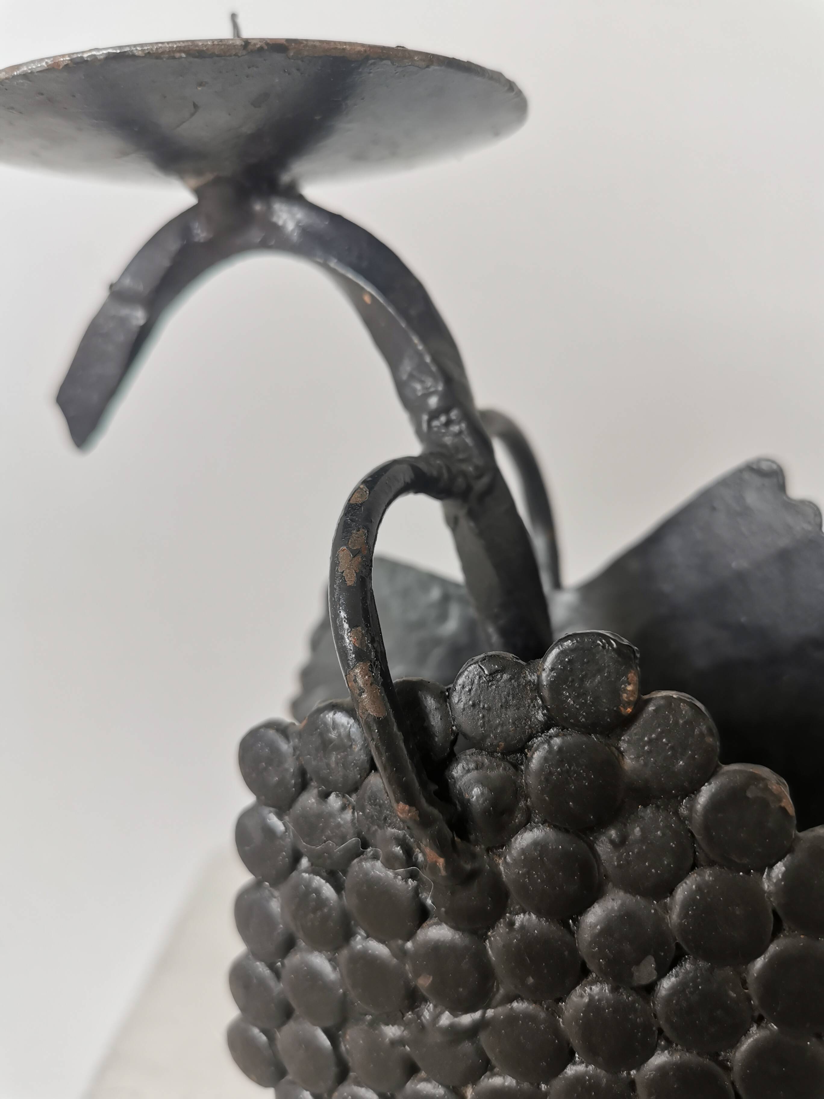 Vintage Forged Iron Grape Leaves Candlestick - Yugoslavia Mid-Century Decor