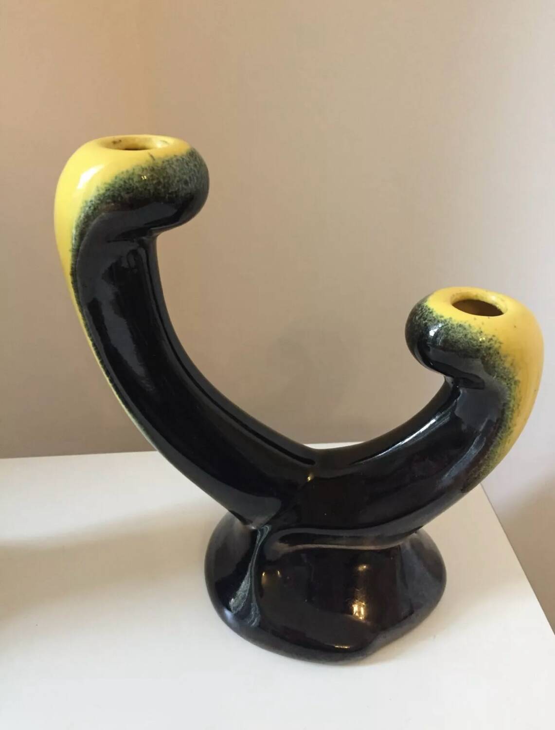 Pair of 1950s candlesticks in yellow and black ceramic in the Vallaur style