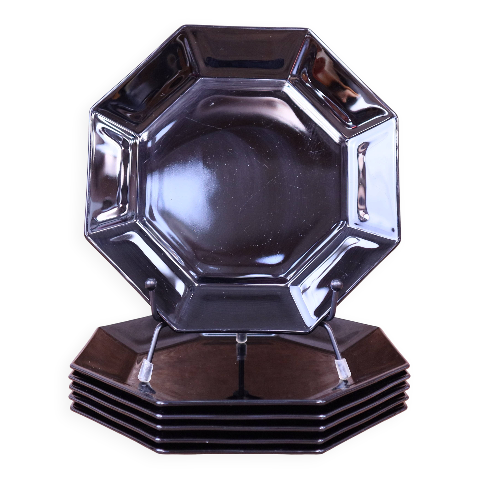 6 black Arcoroc Octime dessert plates, vintage, France