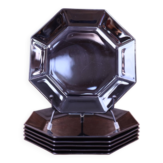 6 black Arcoroc Octime dessert plates, vintage, France