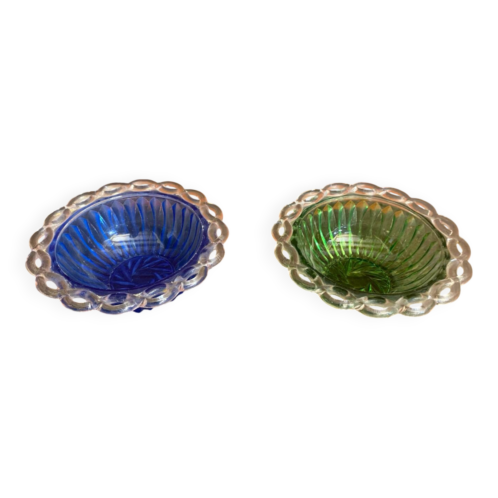 Pair of bol coupe fruit antique fostoria colony twisted green glass +