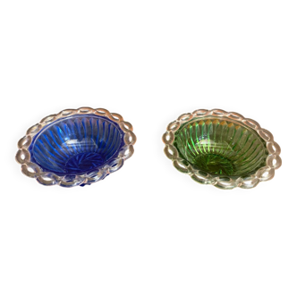 Pair of bol coupe fruit antique fostoria colony twisted green glass +