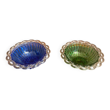 Pair of bol coupe fruit antique fostoria colony twisted green glass +