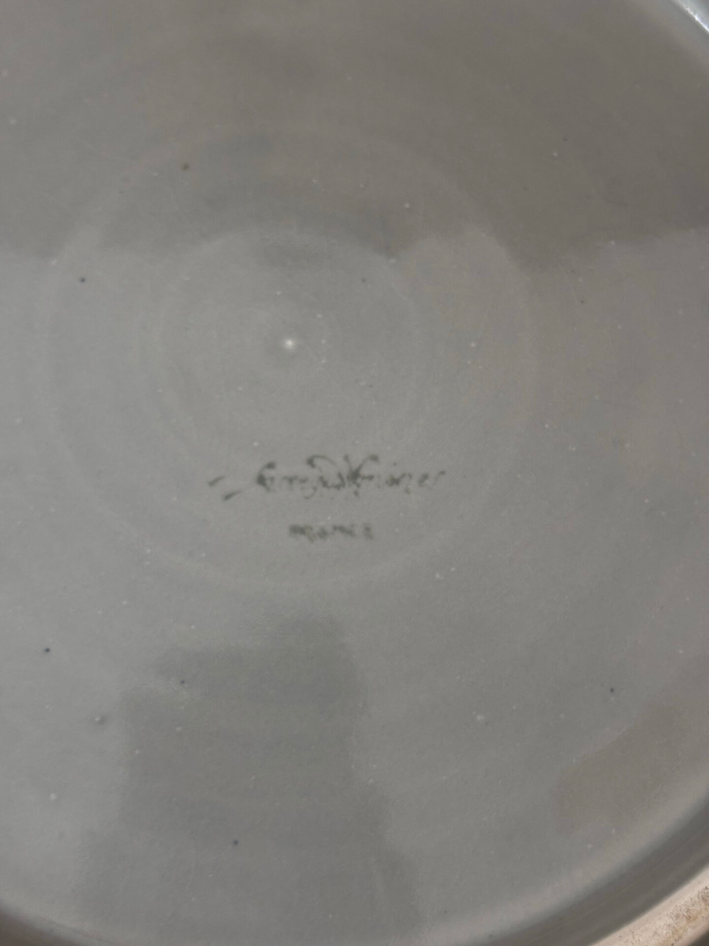 Old slightly hollow dish barbotine blue fruit Sarreguemines