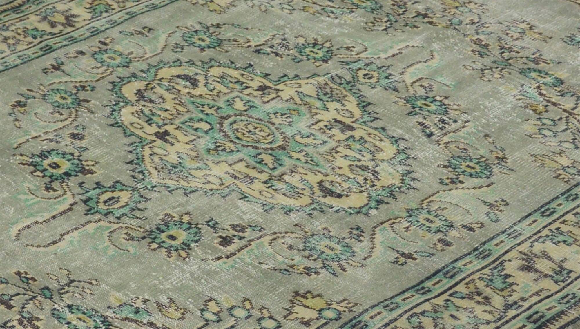 Vintage Turkish Rug Sage Green with Medallion 287 x 193 cm