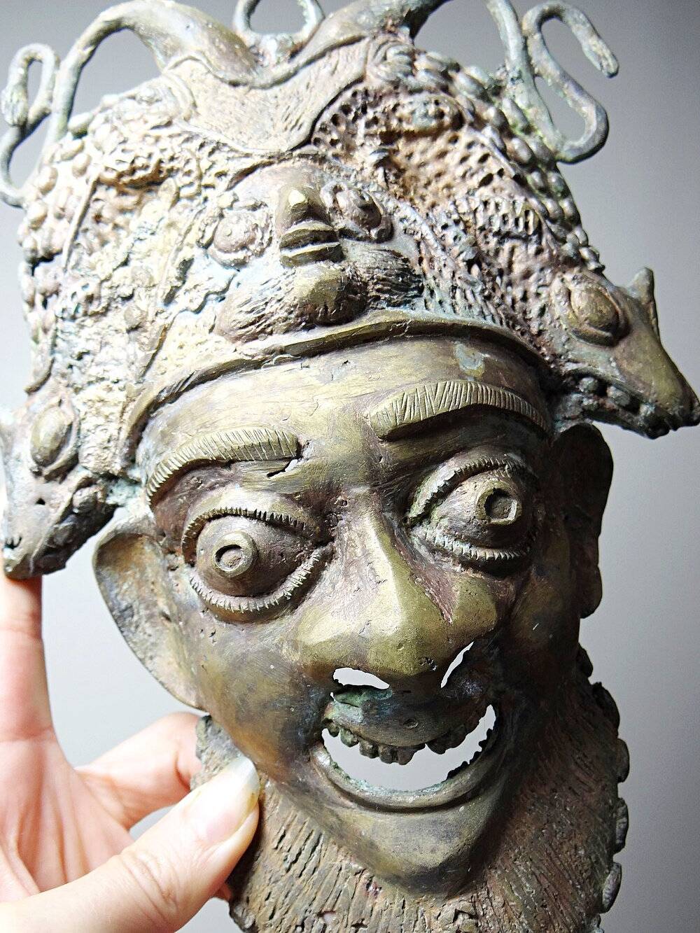 Vintage bronze African mask Bamoun, Cameroon