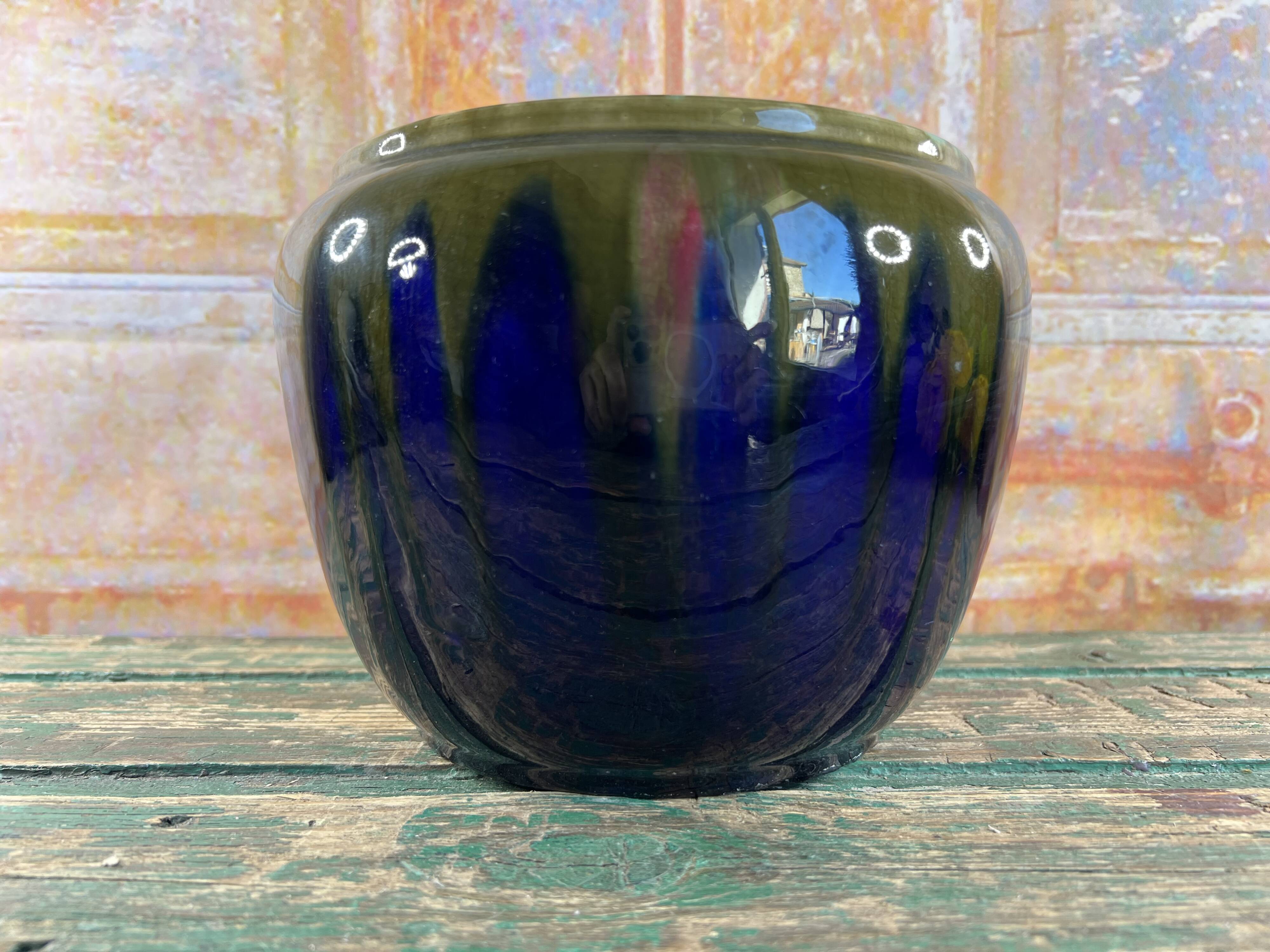 Ceramic planter signed Orchies – France, blue and green enamel