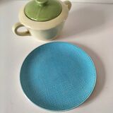 Two sugar bowls and a textured plate in turquoise and green Salins earthenware.