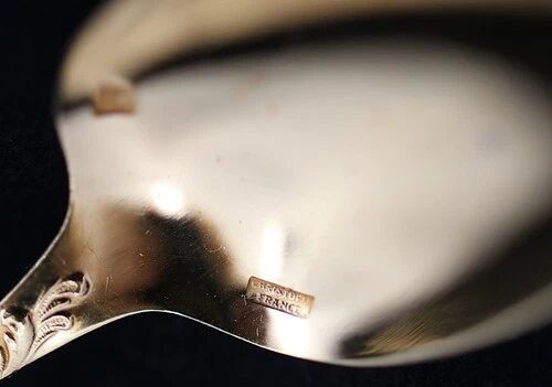 Christofle Marly gold, 10 mocha spoons, coffee, 10 cm + gold metal sugar tongs