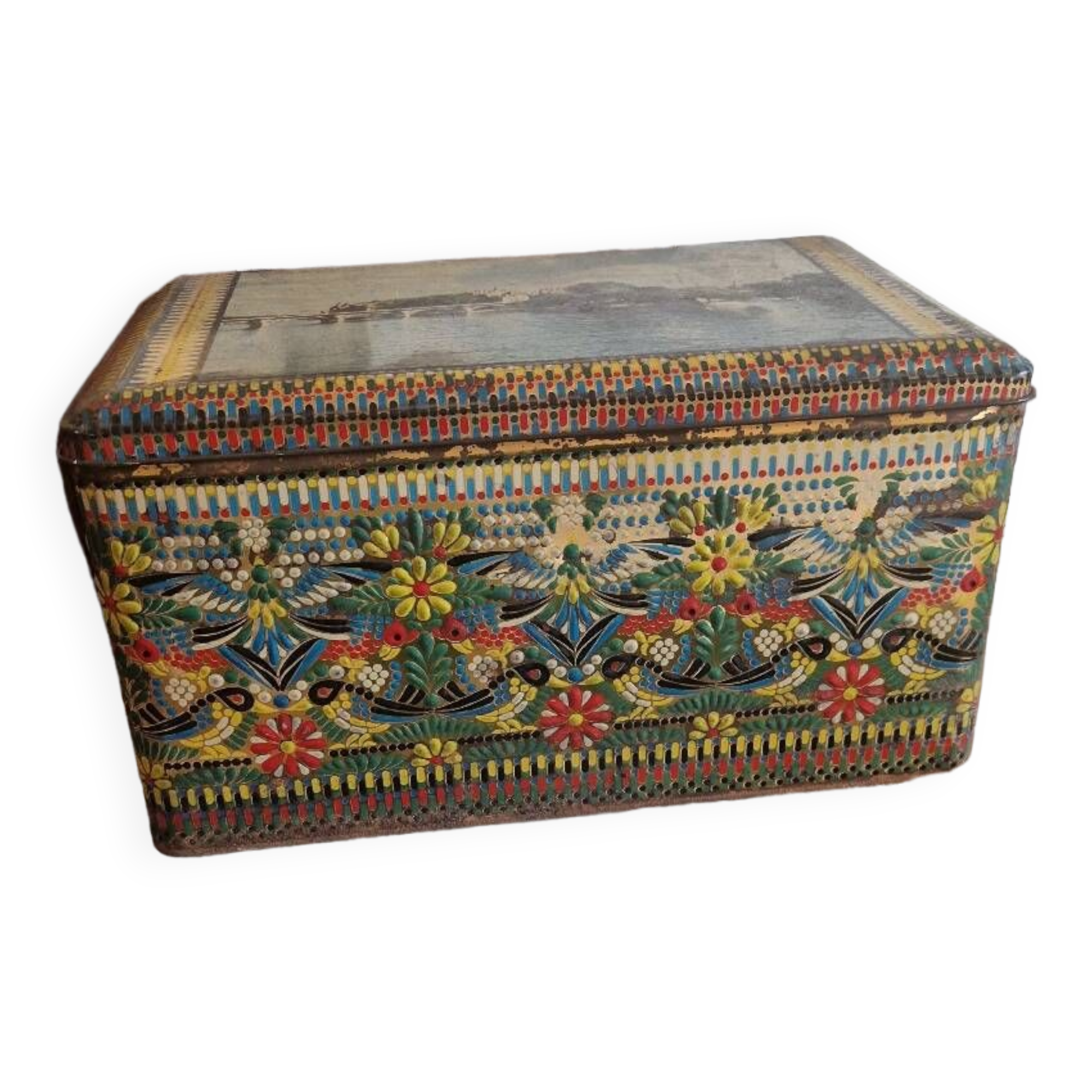 Large old mosaic metal box