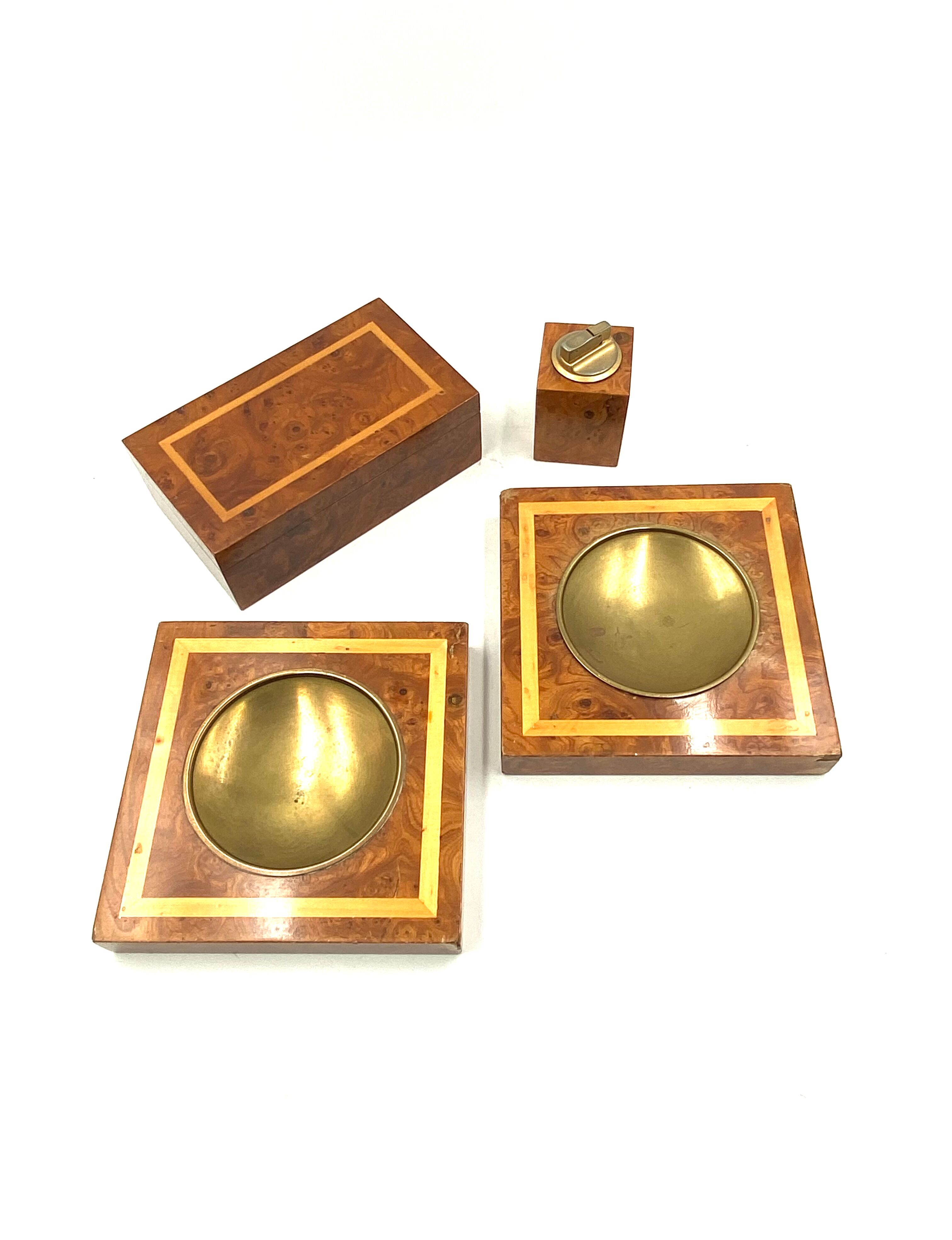 Smoking Set, brass and wood ashtrays, lighter and cigars box, Italy 1970