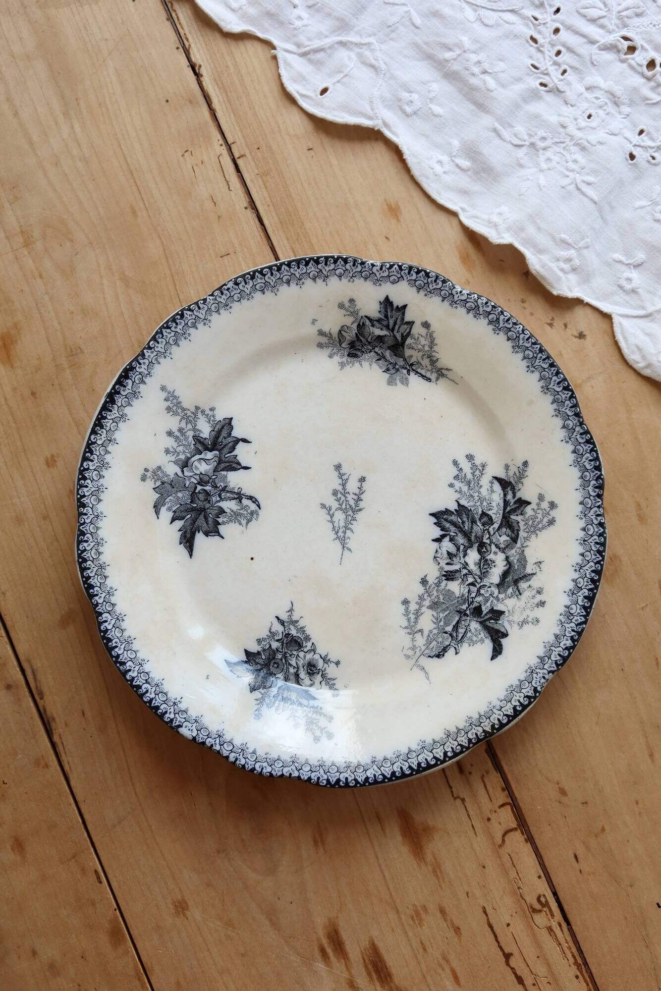 Flat plate iron earth Onnaing - Blue-black plant decoration on ivory background