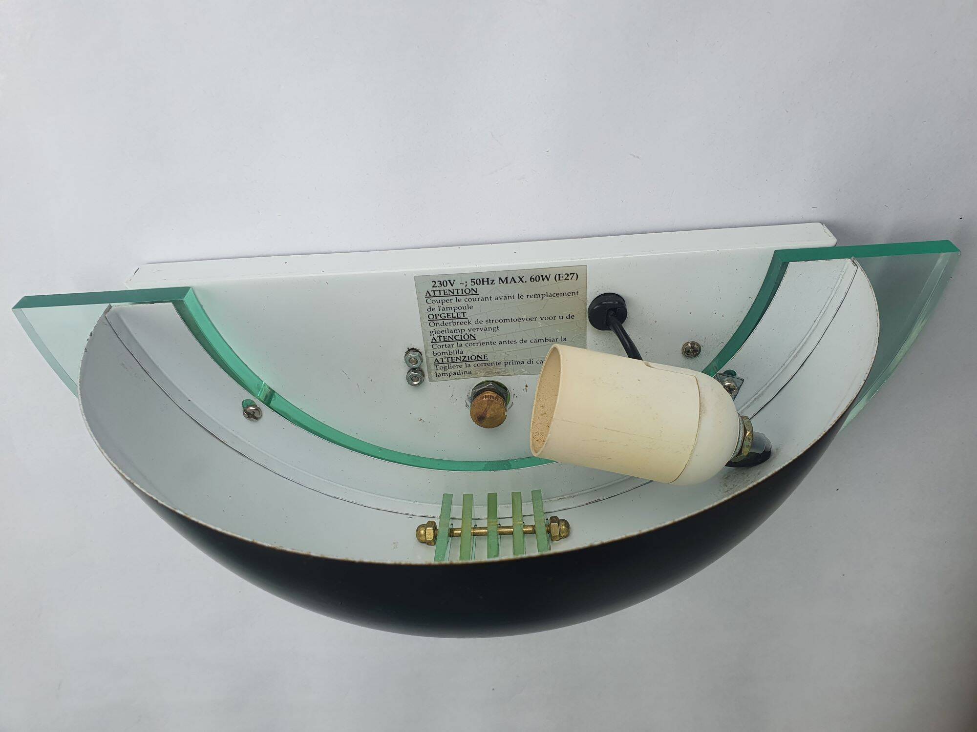 Pair of vintage black metal and plexiglass half-moon wall lights