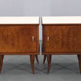 Pair of mid-century Italian walnut nightstands with glass top, 1950s
