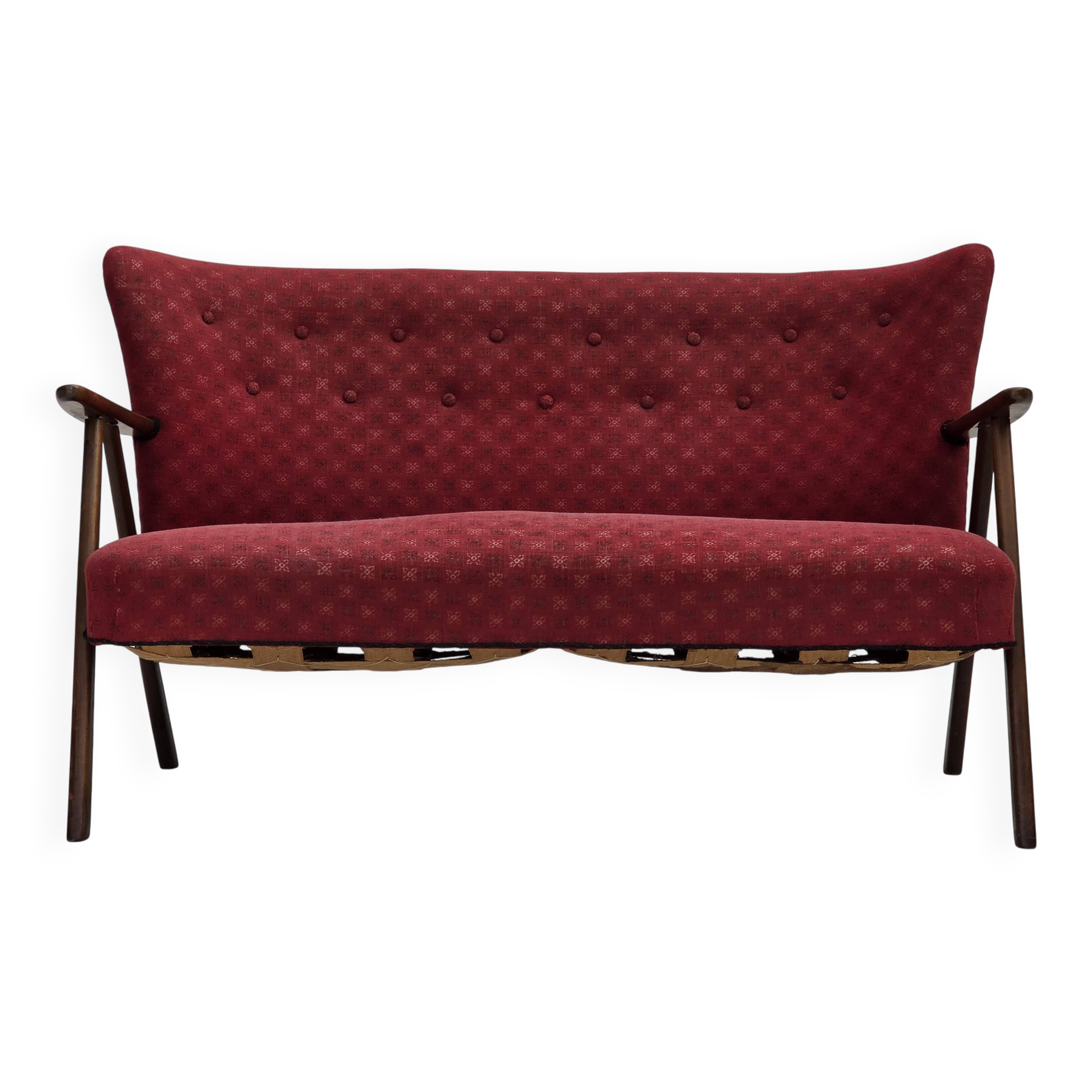 1960s, Danish 2-seater sofa, red furniture fabric, beech wood.