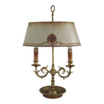 French Empire Brass Boulotte 2 Light Table Lamp Hand Painted Floral Design