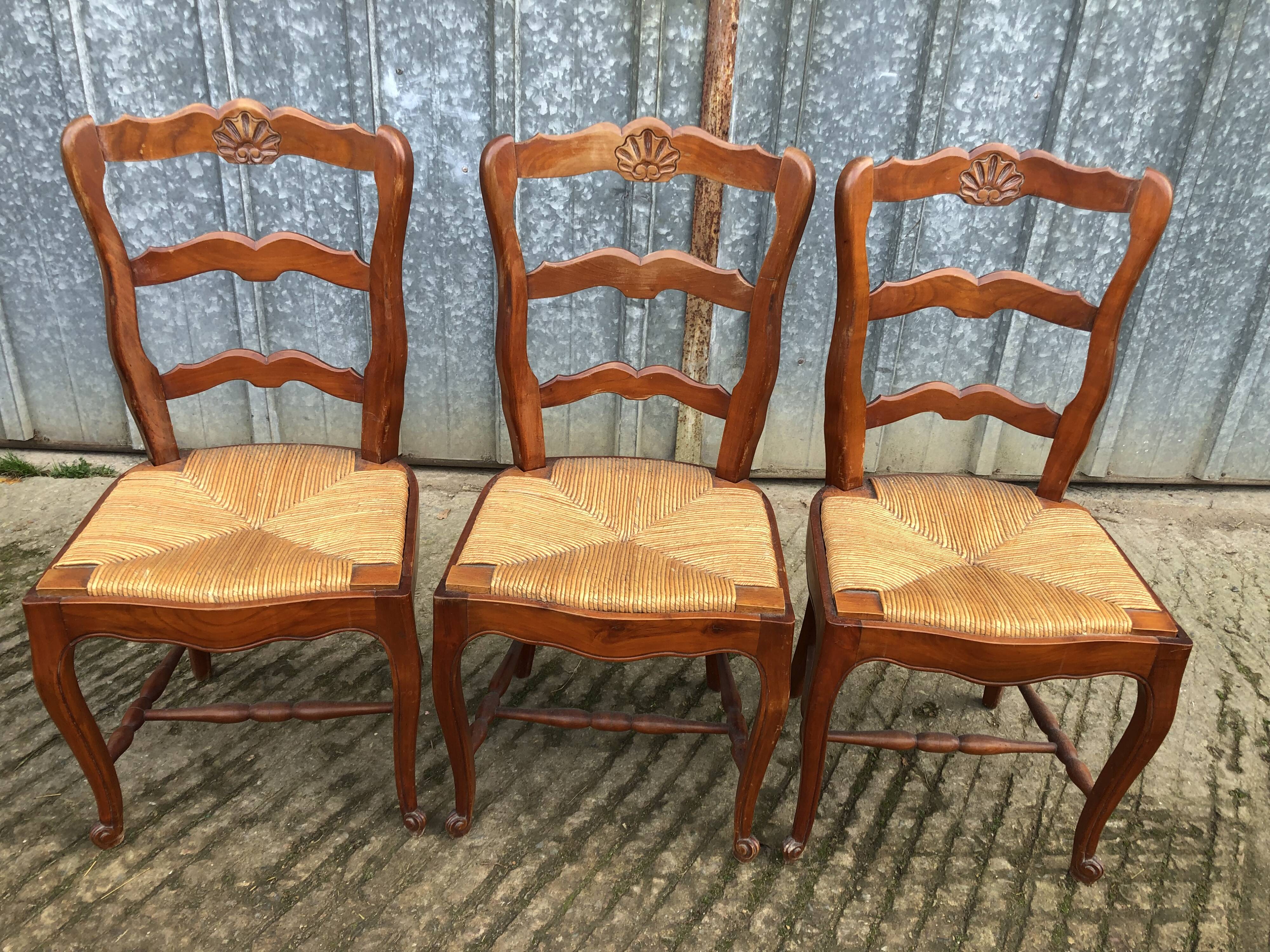 6 rush-seated chairs in solid cherry wood in Louis XV style