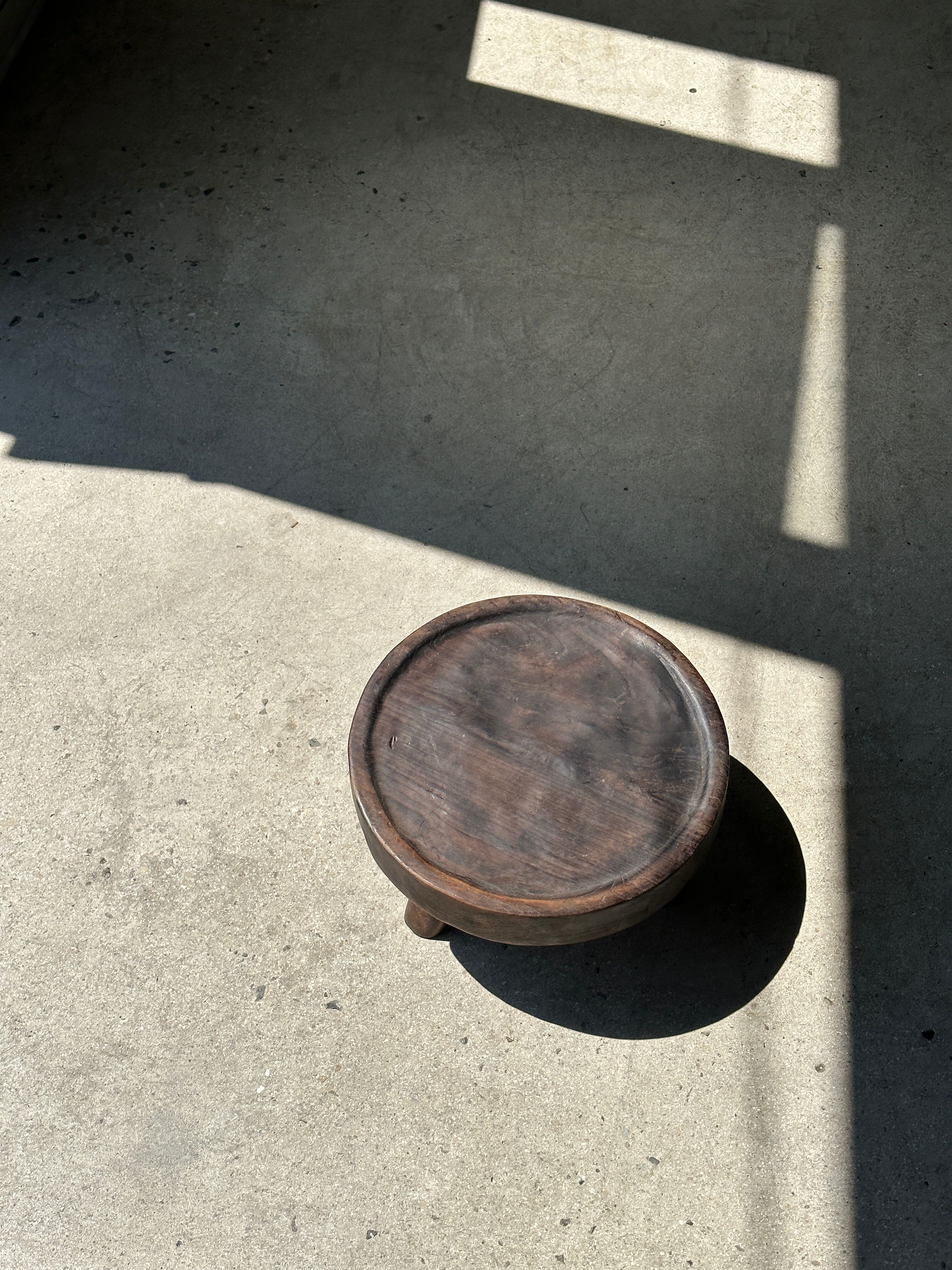 Small tripod stool low in dark brown upcycled teak