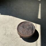 Small tripod stool low in dark brown upcycled teak